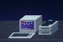 Jack's desk: C64, monitor and two disk drives, lit by the screen