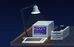 Jack's desk at night: C64, monitor and disk drives under an architect lamp